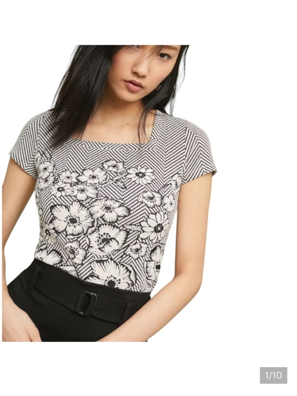 Maeve Black & White Floral Chevron Knit Top